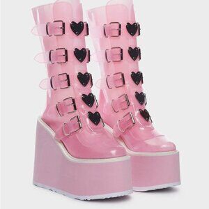 Demonia Pink Heart Buckle Transparent Platform Boots